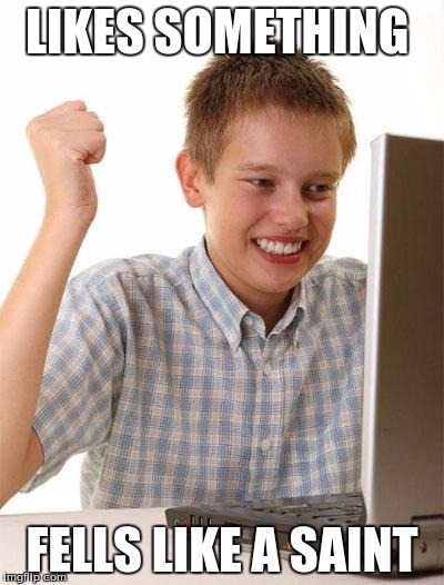First Day On The Internet Kid | LIKES SOMETHING FELLS LIKE A SAINT | image tagged in memes,first day on the internet kid | made w/ Imgflip meme maker