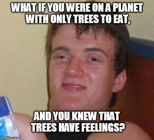 What if trees had feelings? | WHAT IF YOU WERE ON A PLANET WITH ONLY TREES TO EAT, AND YOU KNEW THAT TREES HAVE FEELINGS? | image tagged in memes,10 guy | made w/ Imgflip meme maker