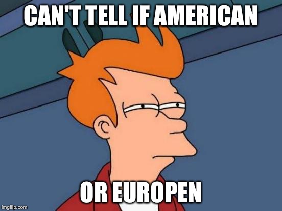 Futurama Fry Meme | CAN'T TELL IF AMERICAN OR EUROPEN | image tagged in memes,futurama fry | made w/ Imgflip meme maker