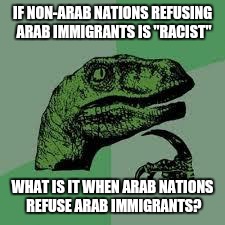 Dinosaur | IF NON-ARAB NATIONS REFUSING ARAB IMMIGRANTS IS "RACIST" WHAT IS IT WHEN ARAB NATIONS REFUSE ARAB IMMIGRANTS? | image tagged in dinosaur | made w/ Imgflip meme maker