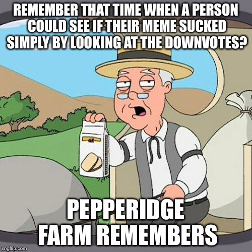 Pepperidge Farm Remembers | REMEMBER THAT TIME WHEN A PERSON COULD SEE IF THEIR MEME SUCKED SIMPLY BY LOOKING AT THE DOWNVOTES? PEPPERIDGE FARM REMEMBERS | image tagged in memes,pepperidge farm remembers | made w/ Imgflip meme maker