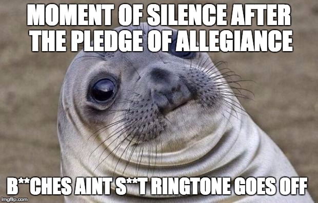 This happened to my friend today............ | MOMENT OF SILENCE AFTER THE PLEDGE OF ALLEGIANCE B**CHES AINT S**T RINGTONE GOES OFF | image tagged in memes,awkward moment sealion | made w/ Imgflip meme maker