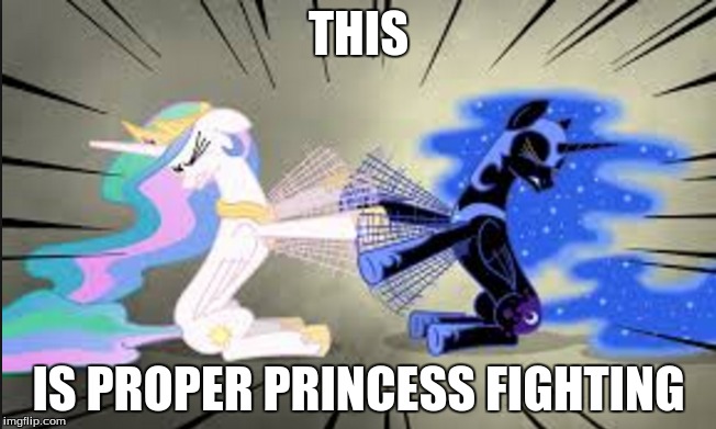 this is not proper princess fighting. | THIS IS PROPER PRINCESS FIGHTING | image tagged in nightmare moon,celestia,fighting | made w/ Imgflip meme maker