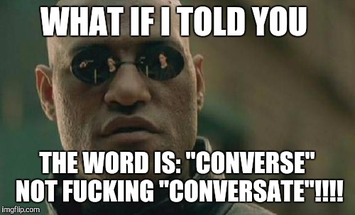 Matrix Morpheus Meme | WHAT IF I TOLD YOU THE WORD IS: "CONVERSE" NOT F**KING "CONVERSATE"!!!! | image tagged in memes,matrix morpheus | made w/ Imgflip meme maker