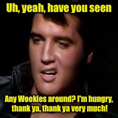 Elvis, thank you | Uh, yeah, have you seen Any Wookies around? I'm hungry, thank ya, thank ya very much! | image tagged in elvis thank you | made w/ Imgflip meme maker