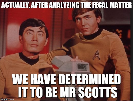 ACTUALLY, AFTER ANALYZING THE FECAL MATTER WE HAVE DETERMINED IT TO BE MR SCOTTS | image tagged in sulu and chekov | made w/ Imgflip meme maker