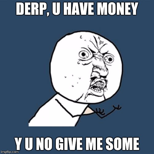 Y U No | DERP, U HAVE MONEY Y U NO GIVE ME SOME | image tagged in memes,y u no | made w/ Imgflip meme maker