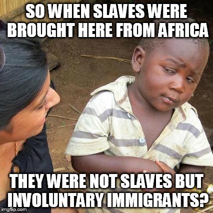 Third World Skeptical Kid | SO WHEN SLAVES WERE BROUGHT HERE FROM AFRICA THEY WERE NOT SLAVES BUT INVOLUNTARY IMMIGRANTS? | image tagged in memes,third world skeptical kid | made w/ Imgflip meme maker