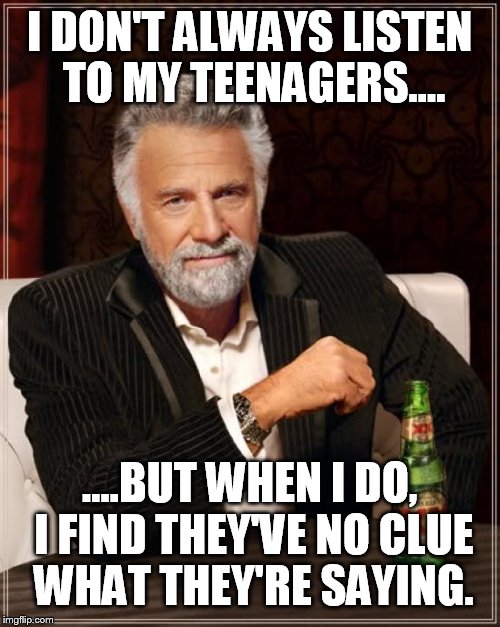 The Most Interesting Man In The World Meme | I DON'T ALWAYS LISTEN TO MY TEENAGERS.... ....BUT WHEN I DO, I FIND THEY'VE NO CLUE WHAT THEY'RE SAYING. | image tagged in memes,the most interesting man in the world | made w/ Imgflip meme maker