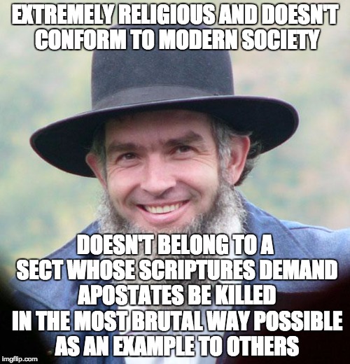 Amish | EXTREMELY RELIGIOUS AND DOESN'T CONFORM TO MODERN SOCIETY DOESN'T BELONG TO A SECT WHOSE SCRIPTURES DEMAND APOSTATES BE KILLED IN THE MOST B | image tagged in amish | made w/ Imgflip meme maker