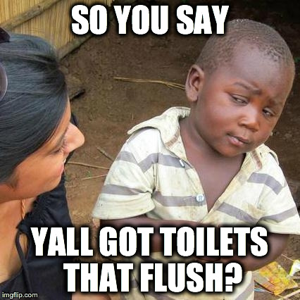 Third World Skeptical Kid | SO YOU SAY YALL GOT TOILETS THAT FLUSH? | image tagged in memes,third world skeptical kid | made w/ Imgflip meme maker