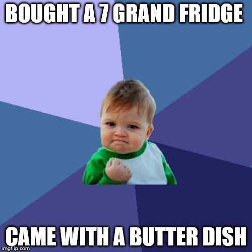 Success Kid Meme | BOUGHT A 7 GRAND FRIDGE CAME WITH A BUTTER DISH | image tagged in memes,success kid | made w/ Imgflip meme maker