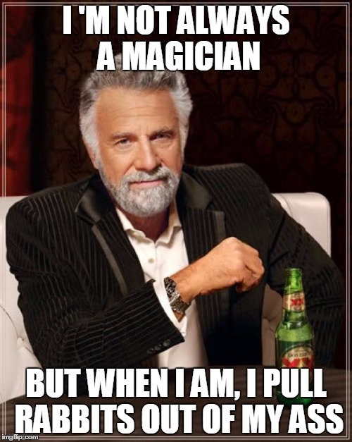 The Most Interesting Man In The World Meme | I 'M NOT ALWAYS A MAGICIAN BUT WHEN I AM, I PULL RABBITS OUT OF MY ASS | image tagged in memes,the most interesting man in the world | made w/ Imgflip meme maker