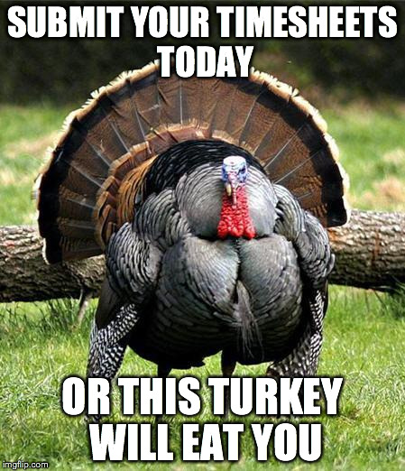 Thanksgiving Day | SUBMIT YOUR TIMESHEETS TODAY OR THIS TURKEY WILL EAT YOU | image tagged in thanksgiving day | made w/ Imgflip meme maker