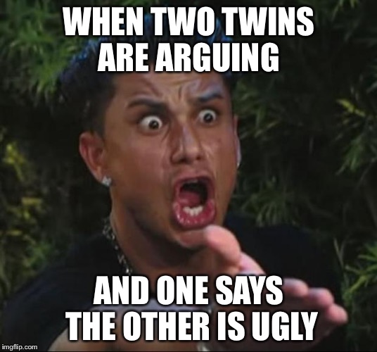 That Should Scare You | WHEN TWO TWINS ARE ARGUING AND ONE SAYS THE OTHER IS UGLY | image tagged in memes,dj pauly d,ugly twins,funny,seriously | made w/ Imgflip meme maker