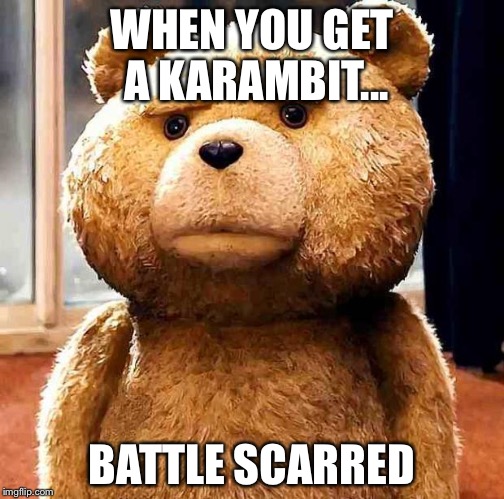 your face when | WHEN YOU GET A KARAMBIT... BATTLE SCARRED | image tagged in your face when | made w/ Imgflip meme maker
