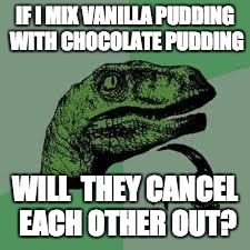 Dinosaur | IF I MIX VANILLA PUDDING WITH CHOCOLATE PUDDING WILL  THEY CANCEL EACH OTHER OUT? | image tagged in dinosaur | made w/ Imgflip meme maker