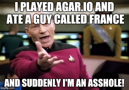 Picard Wtf | I PLAYED AGAR.IO AND ATE A GUY CALLED FRANCE AND SUDDENLY I'M AN ASSHOLE! | image tagged in memes,picard wtf | made w/ Imgflip meme maker