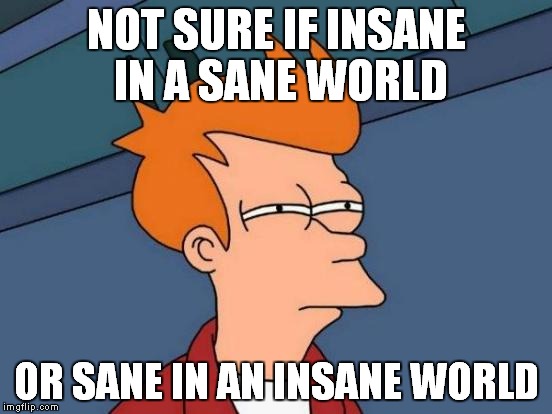 A question of sanity. Or is it insanity? | NOT SURE IF INSANE IN A SANE WORLD OR SANE IN AN INSANE WORLD | image tagged in memes,futurama fry,sanity,insanity | made w/ Imgflip meme maker