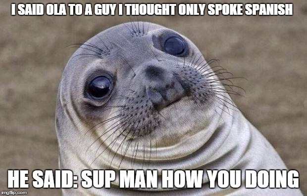 Awkward Moment Sealion | I SAID OLA TO A GUY I THOUGHT ONLY SPOKE SPANISH HE SAID: SUP MAN HOW YOU DOING | image tagged in memes,awkward moment sealion | made w/ Imgflip meme maker