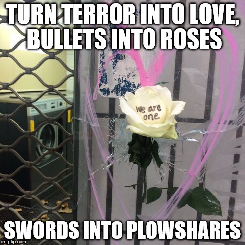 TURN TERROR INTO LOVE, BULLETS INTO ROSES SWORDS INTO PLOWSHARES | image tagged in swords into plowshares | made w/ Imgflip meme maker