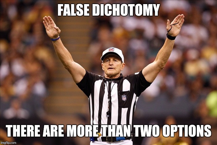 Foundational | FALSE DICHOTOMY THERE ARE MORE THAN TWO OPTIONS | image tagged in logical fallacy referee nfl 85 | made w/ Imgflip meme maker