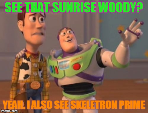 X, X Everywhere | SEE THAT SUNRISE WOODY? YEAH. I ALSO SEE SKELETRON PRIME | image tagged in memes,x x everywhere | made w/ Imgflip meme maker