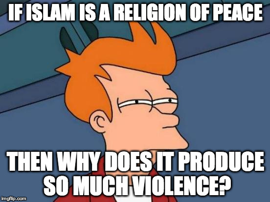 Futurama Fry | IF ISLAM IS A RELIGION OF PEACE THEN WHY DOES IT PRODUCE SO MUCH VIOLENCE? | image tagged in memes,futurama fry | made w/ Imgflip meme maker