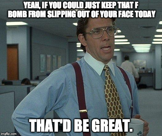 Yeah if you could  | YEAH, IF YOU COULD JUST KEEP THAT F BOMB FROM SLIPPING OUT OF YOUR FACE TODAY THAT'D BE GREAT. | image tagged in yeah if you could  | made w/ Imgflip meme maker