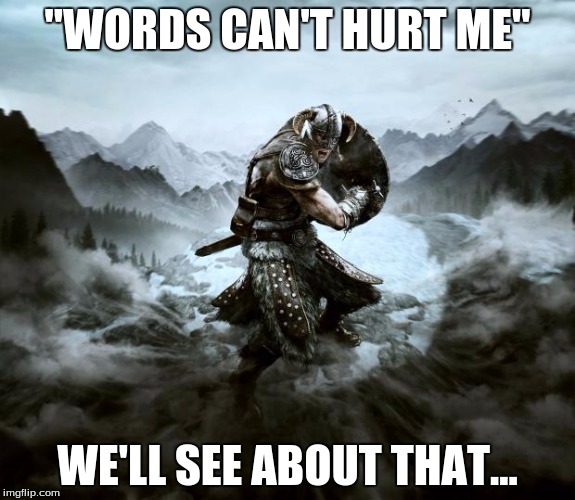 Skyrim | "WORDS CAN'T HURT ME" WE'LL SEE ABOUT THAT... | image tagged in skyrim,memes | made w/ Imgflip meme maker