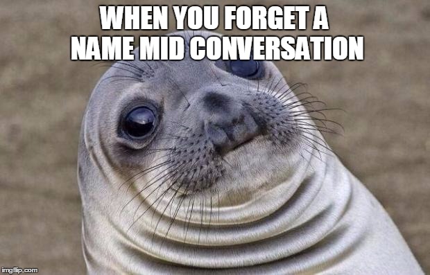Awkward Moment Sealion | WHEN YOU FORGET A NAME MID CONVERSATION | image tagged in memes,awkward moment sealion | made w/ Imgflip meme maker