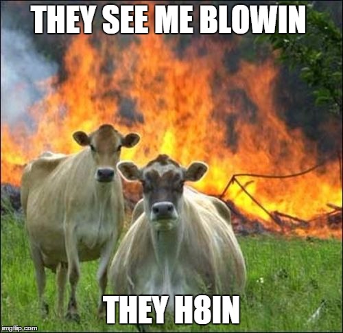 Evil Cows | THEY SEE ME BLOWIN THEY H8IN | image tagged in memes,evil cows | made w/ Imgflip meme maker