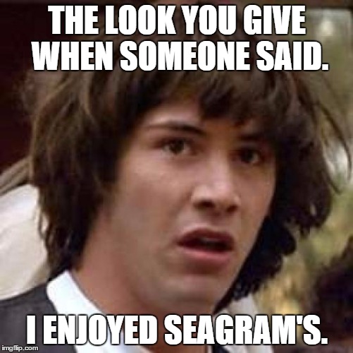 Conspiracy Keanu Meme | THE LOOK YOU GIVE WHEN SOMEONE SAID. I ENJOYED SEAGRAM'S. | image tagged in memes,conspiracy keanu | made w/ Imgflip meme maker