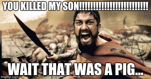 Sparta Leonidas | YOU KILLED MY SON!!!!!!!!!!!!!!!!!!!!!!!!! WAIT THAT WAS A PIG... | image tagged in memes,sparta leonidas | made w/ Imgflip meme maker