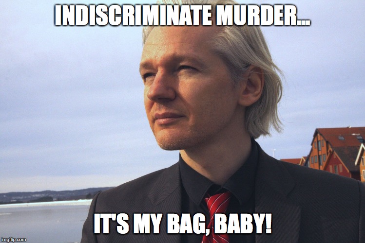 assange | INDISCRIMINATE MURDER... IT'S MY BAG, BABY! | image tagged in assange | made w/ Imgflip meme maker