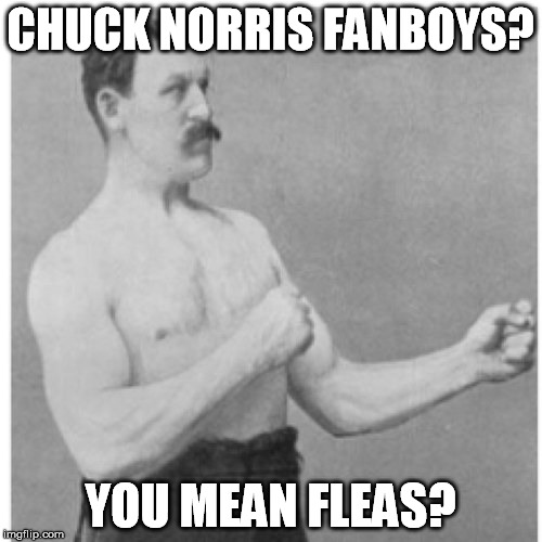 Fleas? | CHUCK NORRIS FANBOYS? YOU MEAN FLEAS? | image tagged in memes,overly manly man | made w/ Imgflip meme maker