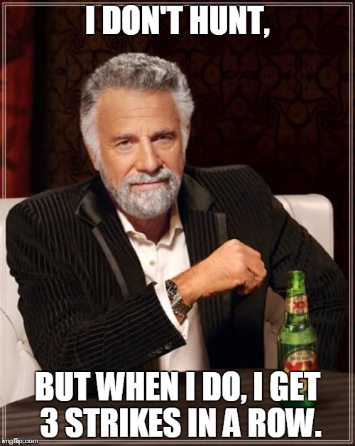 The Most Interesting Man In The World Meme | I DON'T HUNT, BUT WHEN I DO, I GET 3 STRIKES IN A ROW. | image tagged in memes,the most interesting man in the world | made w/ Imgflip meme maker
