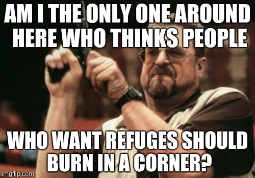 Am I The Only One Around Here | AM I THE ONLY ONE AROUND HERE WHO THINKS PEOPLE WHO WANT REFUGES SHOULD BURN IN A CORNER? | image tagged in memes,am i the only one around here | made w/ Imgflip meme maker