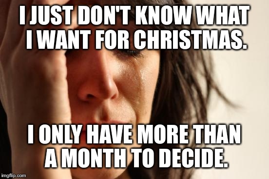 First World Problems Meme | I JUST DON'T KNOW WHAT I WANT FOR CHRISTMAS. I ONLY HAVE MORE THAN A MONTH TO DECIDE. | image tagged in memes,first world problems | made w/ Imgflip meme maker