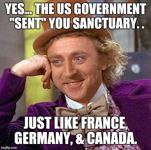 Creepy Condescending Wonka Meme | YES... THE US GOVERNMENT "SENT" YOU SANCTUARY. . JUST LIKE FRANCE, GERMANY, & CANADA. | image tagged in memes,creepy condescending wonka | made w/ Imgflip meme maker