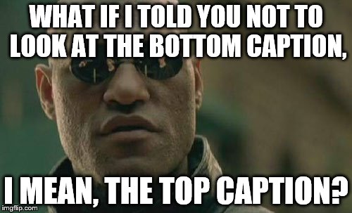 Matrix Morpheus | WHAT IF I TOLD YOU NOT TO LOOK AT THE BOTTOM CAPTION, I MEAN, THE TOP CAPTION? | image tagged in memes,matrix morpheus | made w/ Imgflip meme maker