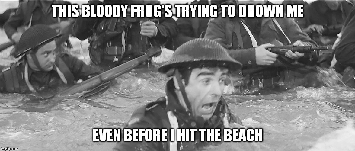longest meme war | THIS BLOODY FROG'S TRYING TO DROWN ME EVEN BEFORE I HIT THE BEACH | image tagged in sean connery  kermit | made w/ Imgflip meme maker