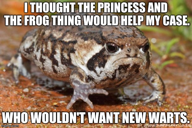 Grumpy Toad | I THOUGHT THE PRINCESS AND THE FROG THING WOULD HELP MY CASE. WHO WOULDN'T WANT NEW WARTS. | image tagged in memes,grumpy toad | made w/ Imgflip meme maker
