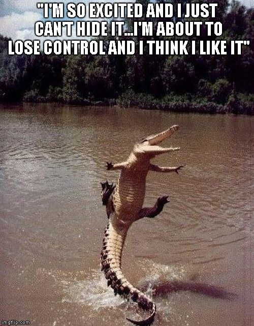 How they must feel when the "Swamp People" season ends. | "I'M SO EXCITED AND I JUST CAN'T HIDE IT...I'M ABOUT TO LOSE CONTROL AND I THINK I LIKE IT" | image tagged in funny animals,pointer sisters,flying alligator | made w/ Imgflip meme maker
