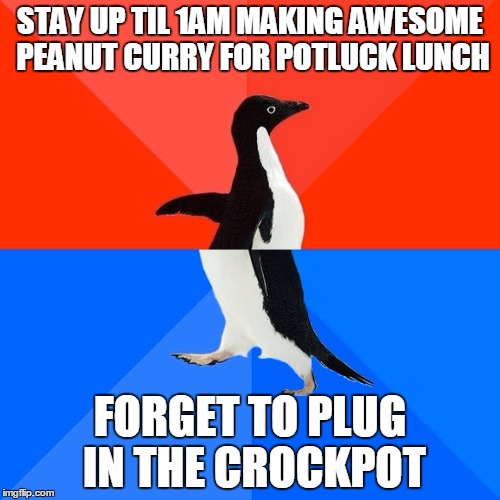 Socially Awesome Awkward Penguin Meme | STAY UP TIL 1AM MAKING AWESOME PEANUT CURRY FOR POTLUCK LUNCH FORGET TO PLUG IN THE CROCKPOT | image tagged in memes,socially awesome awkward penguin | made w/ Imgflip meme maker