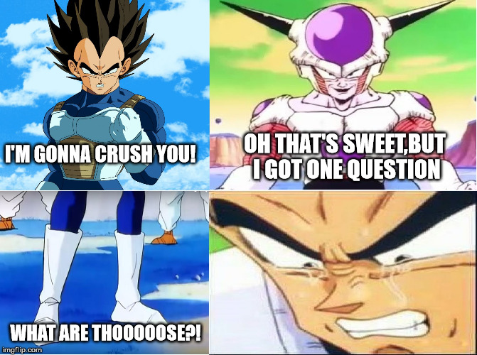 vegeta what are those!? | I'M GONNA CRUSH YOU! OH THAT'S SWEET,BUT I GOT ONE QUESTION WHAT ARE THOOOOOSE?! | image tagged in vegeta what are those | made w/ Imgflip meme maker