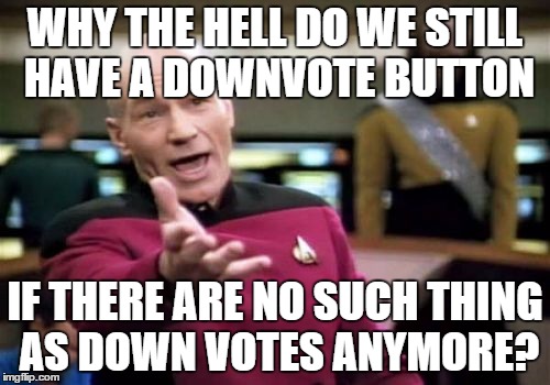 Seriously. Why? | WHY THE HELL DO WE STILL HAVE A DOWNVOTE BUTTON IF THERE ARE NO SUCH THING AS DOWN VOTES ANYMORE? | image tagged in memes,picard wtf | made w/ Imgflip meme maker