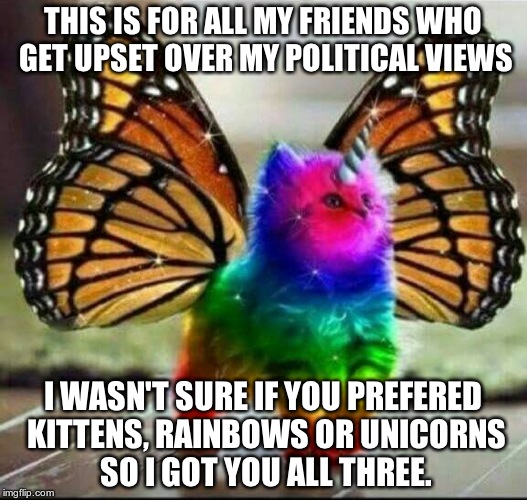 Unicorn kitty | THIS IS FOR ALL MY FRIENDS WHO GET UPSET OVER MY POLITICAL VIEWS I WASN'T SURE IF YOU PREFERED KITTENS, RAINBOWS OR UNICORNS SO I GOT YOU AL | image tagged in unicorn kitty | made w/ Imgflip meme maker