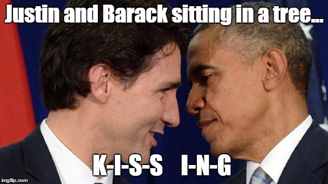 Trudeau loves Obama | Justin and Barack sitting in a tree... K-I-S-S    I-N-G | image tagged in trudeau loves obama | made w/ Imgflip meme maker