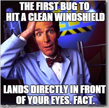 Bill Nye The Science Guy Meme | THE FIRST BUG TO HIT A CLEAN WINDSHIELD LANDS DIRECTLY IN FRONT OF YOUR EYES. FACT. | image tagged in memes,bill nye the science guy | made w/ Imgflip meme maker